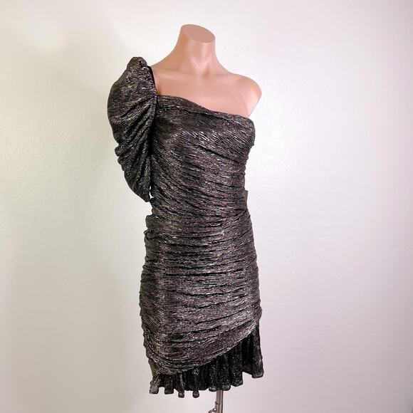 Floret Studios Gathered Ruffle One Shoulder Dress Metallic Silver Beyonce S NWT - Picture 2 of 12